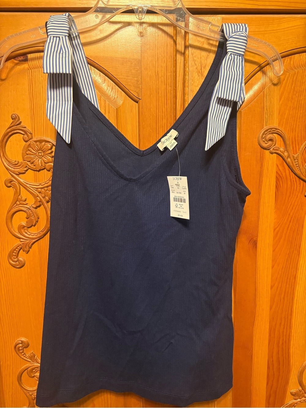 J. Crew Navy Ribbed Tank with Blue-White Striped Tie Straps